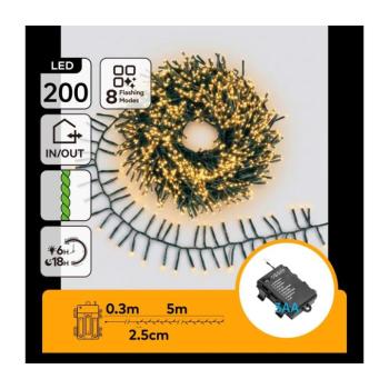 B.V. - LED kültéri karácsonyi fényfüzér 200xLED/8 üzemmód 3xAA 5,3m IP44 meleg fehér B10303K3B kép