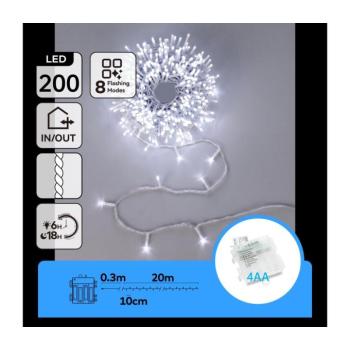 B.V. -LED Kültéri karácsonyi fényfüzér 200xLED/8 üzemmód 4xAA 20m IP44 hideg fehér B10303Y1D kép
