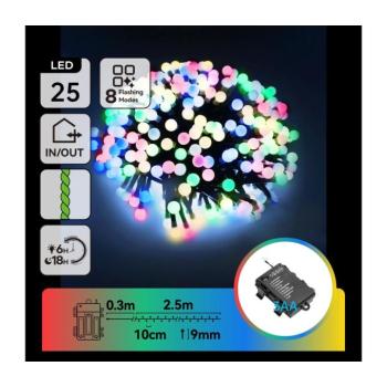 B.V. - LED kültéri karácsonyi fényfüzér, 25 LED, 8 funkció, 3xAA, 2,8 m, IP44, többszínű B10303K5M kép