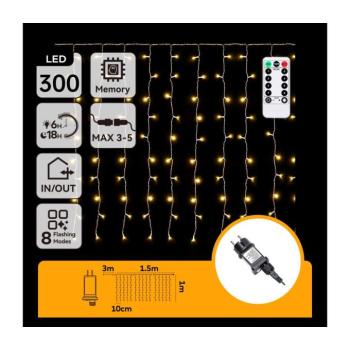 B.V. - LED kültéri karácsonyi fényfüzér 300xLED/6W/230V/8 funkciós 3x1m IP44 meleg fehér+távirányító B10303S7D kép