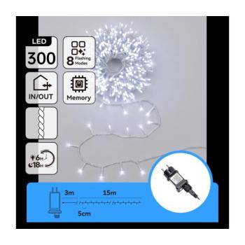 B.V. - LED kültéri karácsonyi fényfüzér 300xLED/8 funkció 18m IP44 hideg fehér B10303ABLK kép