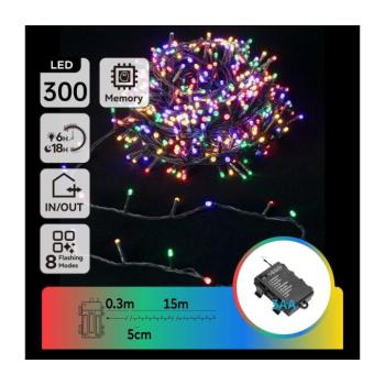 B.V. -LED Kültéri karácsonyi fényfüzér 300xLED/8 funkció 3xAA 15,3m IP44 többszínű B10303K2R kép