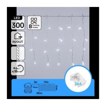 B.V. -LED kültéri karácsonyi fényfüzér 300xLED/8 funkció 3xAA 18x0,4m IP44 hideg fehér B10303K3S kép