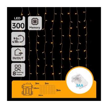 B.V. - LED kültéri karácsonyi fényfüzér 300xLED/8 funkció 3xAA 6x3m IP44 meleg fehér B10303K3G kép