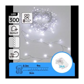 B.V. -LED kültéri karácsonyi fényfüzér 300xLED/8 funkciós 3xAA 9,3m IP44 hideg fehér B103033WR kép