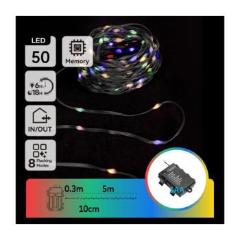 B.V. - LED kültéri karácsonyi fényfüzér, 50 LED, 8 világítási mód, 3xAA, 5,3 m, IP44, többszínű B10303K1O kép