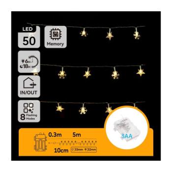 B.V. - LED kültéri karácsonyi fényfüzér 50xLED/8 üzemmód 3xAA 5m IP44 meleg fehér csillagok B10303K4Y kép