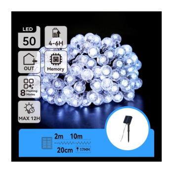 B.V. LED napelemes dekorációs lánc 50 LED, 8 funkció, 12m, IP65, hideg fehér B10201JE6 kép
