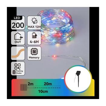 B.V. - LED napelemes fényfüzér, 200 LED, 8 világítási mód, 22 m, IP65, többszínű, 800 mAh B10201ACSI kép