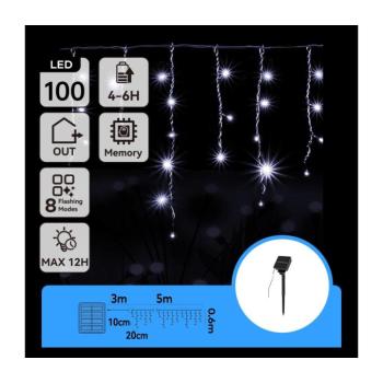 B.V. - LED napelemes karácsonyi fényfüzér 100xLED/8 funkciós 8x0,6m IP65 hideg fehér B10201JG1 kép