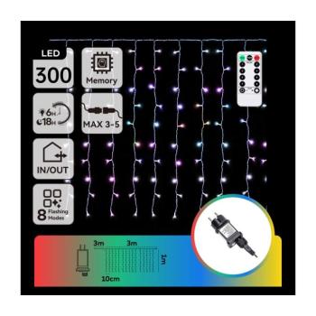 B.V. - LED RGBY kültéri karácsonyi fényfüzér 300xLED/6W/230V/8 üzemmód 3x1m IP44 + távirányító B10303S7F kép