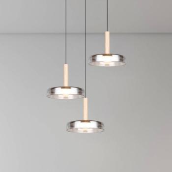 Celeste LED-es függőlámpa, króm/fa, Ø 35 cm 3-lámpás üveg dim kép