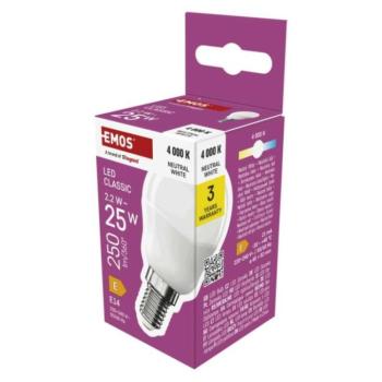 CLS Mini Globe LED-izzó, E14, 2,2 W (25 W), 250 lm, semleges fehér, 4000K, 220-240V, CRI>80, Természetes fehér, EMOS, ZQ1E03 kép