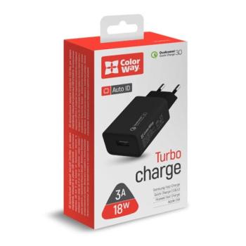 COLORWAY USB töltő adapter, 1USB Quick Charge 3.0 (18W) black (CW-CHS013Q-BK) kép