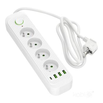 CONNECTO hosszabbító kábel 4 aljzat+USB/1.5m/Zu+W/1.5mm fehér Kobi Design, KOBI-001451 kép