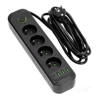 CONNECTO hosszabbító kábel 4 aljzat+USB/3m/Zu+W/1.5mm fekete Kobi Design, KOBI-001452 kép