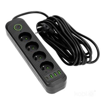 CONNECTO hosszabbító kábel 4 aljzat+USB/5m/Zu+W/1.5mm fekete Kobi Design, KOBI-001454 kép