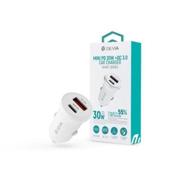 Devia Smart Series Mini 30W PD+QC USB+Type-C autós töltő adapter – fehér kép