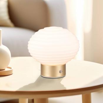 Earl LED-es, újratölthető asztali lámpa, sárgaréz/opál, magasság 14,5 cm, kép