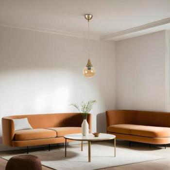 Elegáns borostyán és arany csillár, fém test, állítható magasság (25-70 cm), 15 cm átmérő, E27 aljzat, max 40W, IP20 | Modern dekorációhoz tökéletes kép