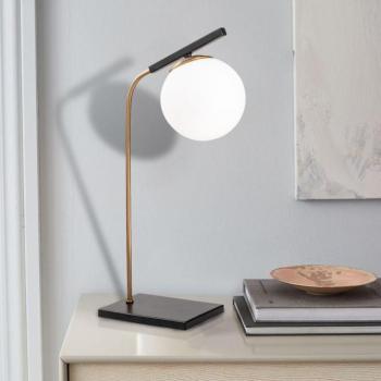 Elegáns skandináv asztali lámpa, fém ház üvegkupakkal, 55 cm magasság, 15 cm átmérő, be-/kikapcsoló, 200 cm kábel, E27 aljzat, max 40 W, stílusos arany és fekete dizájn modern belső terekhez kép