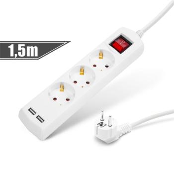 Elosztó 3-as – 3 x 1,5 mm – 1,5 m – 2 x USB-vel – kapcsolós kép