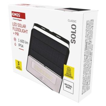 EMOS LED SOLAR reflektor hordozható SOLO, PIR, 1600lm IP54 természetes fehér kép