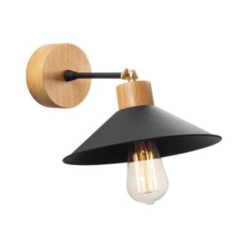 Modern fali lámpa fém testtel és fa talppal, fekete és tölgy, 24 cm átmérő, 20 cm magasság | E27 aljzat, max 40W | Stílusos ipari és skandináv design otthoni és irodai világításhoz kép