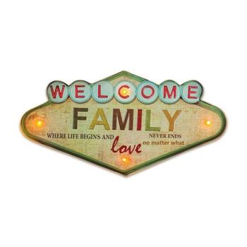 FOREVER LIGHT RETRO metál LED dekorációs lámpa WELCOME FAMILY, USB, 5V, falra akasztható kép