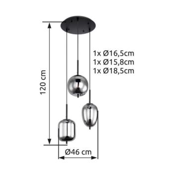 Függőlámpa Blacky, fekete/füstszürke, Ø 46 cm, üveg, 3 lámpás. kép