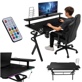 Gamer íróasztal felső polccal, RGB LED-világítással és számítógépes tartókkal, 120×60 cm