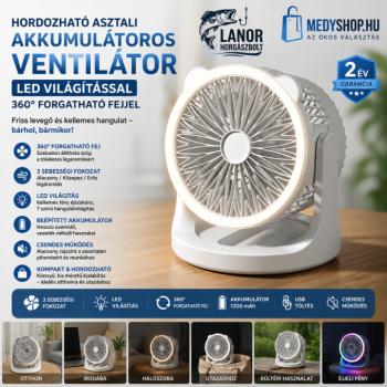 Hordozható asztali akkumulátoros ventilátor LED világítással 360° forgatható fejjel – Fehér kép