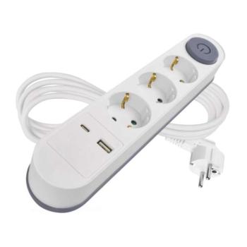 Hosszabbító 2 m, 3 aljzat, kapcsolós, fehér, 1× USB-A + 1× USB-C , 1,5 mm2, fehér, szürke, EMOS, P1322PD kép