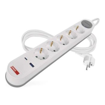 Hosszabbító 3 m, 5 aljzat, kapcsolós, fehér-szürke, 1×USB-A + 1×USB-C, 1,5 mm2, fehér, szürke, EMOS, P1523FC kép
