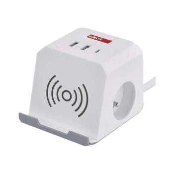 Hosszabbító kábel 2m, QI vezeték nélküli töltés, 2xUSB-A, 1xUSB-C, fehér P0212CQ kép