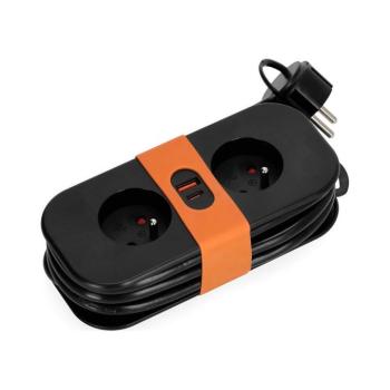Hosszabbító kábel FLOWFLEXER 2 aljzattal+USB/1.4m/Zu/1.5mm fekete Kobi Design, KOBI-001465 kép