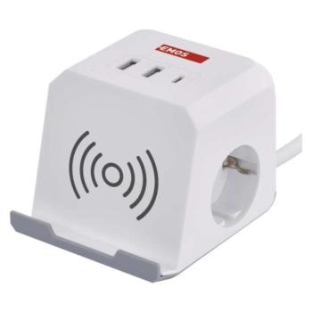 Hosszabbító - kocka 2 m, 2 aljzat, fehér, 2×USB-A+1×USB-C+Qi, 1,5 mm2, fehér, szürke, EMOS, P0222CQ kép