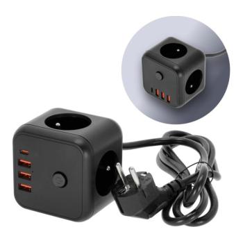 KOBI LINEA PRO CUBE C hosszabbító kábel 3 aljzat+3 USB/1 USB-C/1.5m/Zu+W fekete KOBI-001919 kép