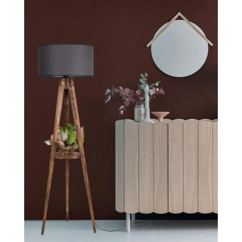 Ipari skandináv állólámpa, fa ház szövet sapkával, 153 cm magasság, 24 cm sapka, 26x26 cm polc, be-/kikapcsoló, barna és szürke felület kép