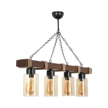 Ipari rusztikus csillár, fa test üvegsapkával, 85 cm hosszú, 70 cm magasság, állítható, sárga felület, E27 aljzat, max 40 W, tökéletes vidéki és délnyugati dekorációhoz kép