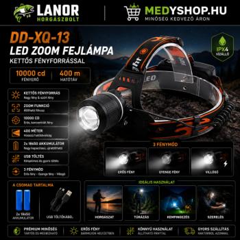 Kettős fényforrású LED zoom fejlámpa 10000 cd 400m – fekete/narancs (DD-XQ-13) kép