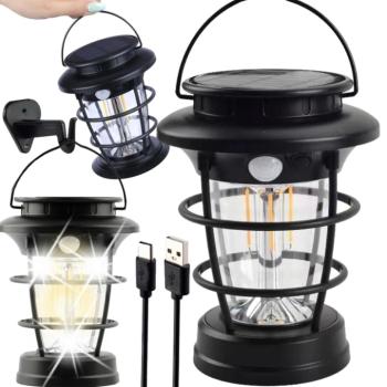 Kültéri LED kempinglámpa napelemes töltéssel – mozgásérzékelő, alkonyati automatikával és Type-c töltéssel KOS-31041 (THM)
