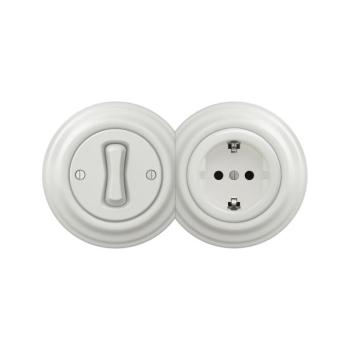 lap - Retro 1-es egypólusú kapcsoló és SCHUKO 230V aljzat kerettel, kerámiafehér 2xKA0008+KA0001+KA0106 kép