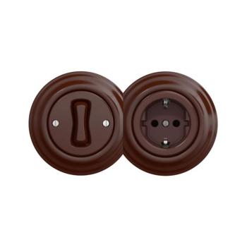 lap - Retro egypólusú 1-es kapcsoló és SCHUKO 230V aljzat kerettel, barna 2xKA0035+KA0028+KA0109 kép