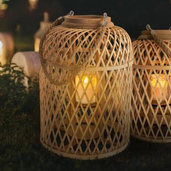 LED-es napelemes lámpás kosár, bambusz, magasság 38 cm, natúr kép