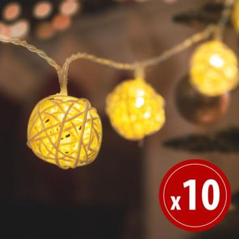 LED fényfüzér – rattan labdák – 10 LED – 1,35 m – melegfehér – 2 x AA kép
