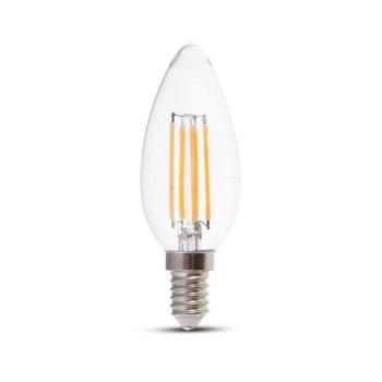 LED izzó átlátszó filament gyertya alakú E14, 4w, 3000K, meleg fehér, 400lm, 300°, CRI>80, V-TAC, 214301 kép