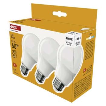 LED izzó Basic A60, E27, 8,8 W (60 W), 806 lm, Természetes fehér, 4000K, 230V, CRI>80, EMOS, ZL5F48.3 kép