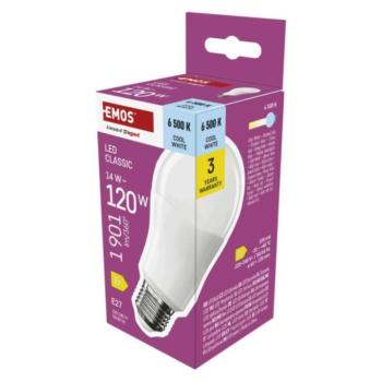 LED izzó Classic A60, E27, 14 W (120 W), 1901 lm, Hideg fehér, 6500K, 220-240V, CRI>80, EMOS, ZQ5D77 kép