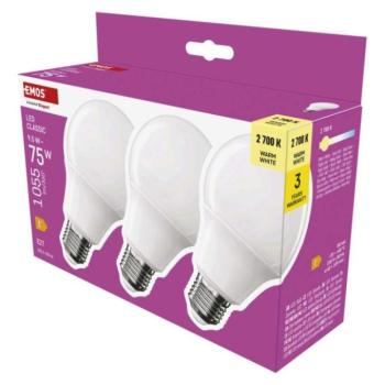 LED izzó Classic A60, E27, 9,5 W (75 W), 1055 lm, Meleg fehér, 2700K, 230V, CRI>80, EMOS, ZQ5E51.3 kép